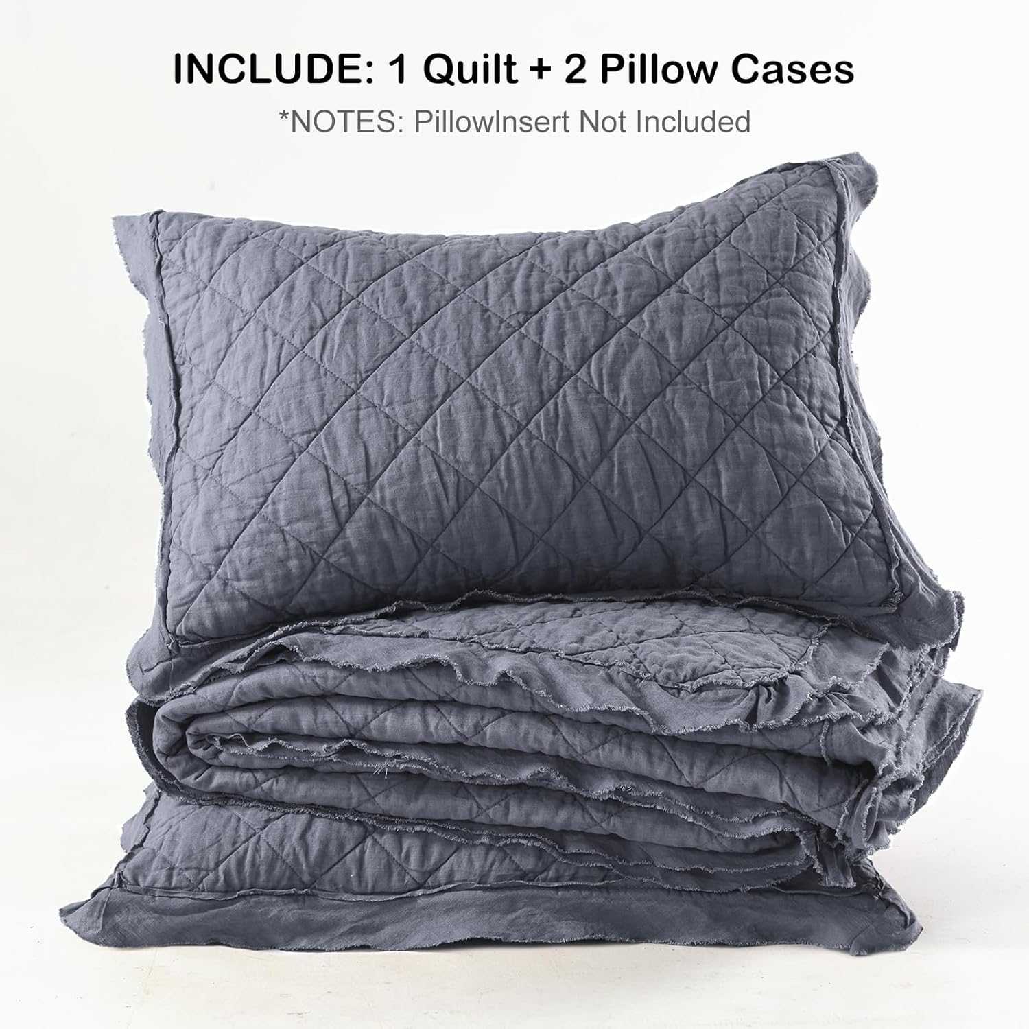 HORIMOTE HOME 100% Linen Front/100% Cotton Back Quilt Set King Size, Steel Blue Pre-Washed European Flax Linen Quilt, Diamond Stitch Bedspread Coverlet Bedding Set 3-Piece for All Seasons